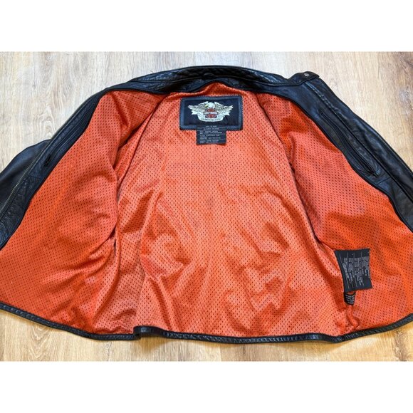 Vintage Harley Davidson Womens Black Leather Embroidered Jacket Orange Mesh Lini - Picture 7 of 13